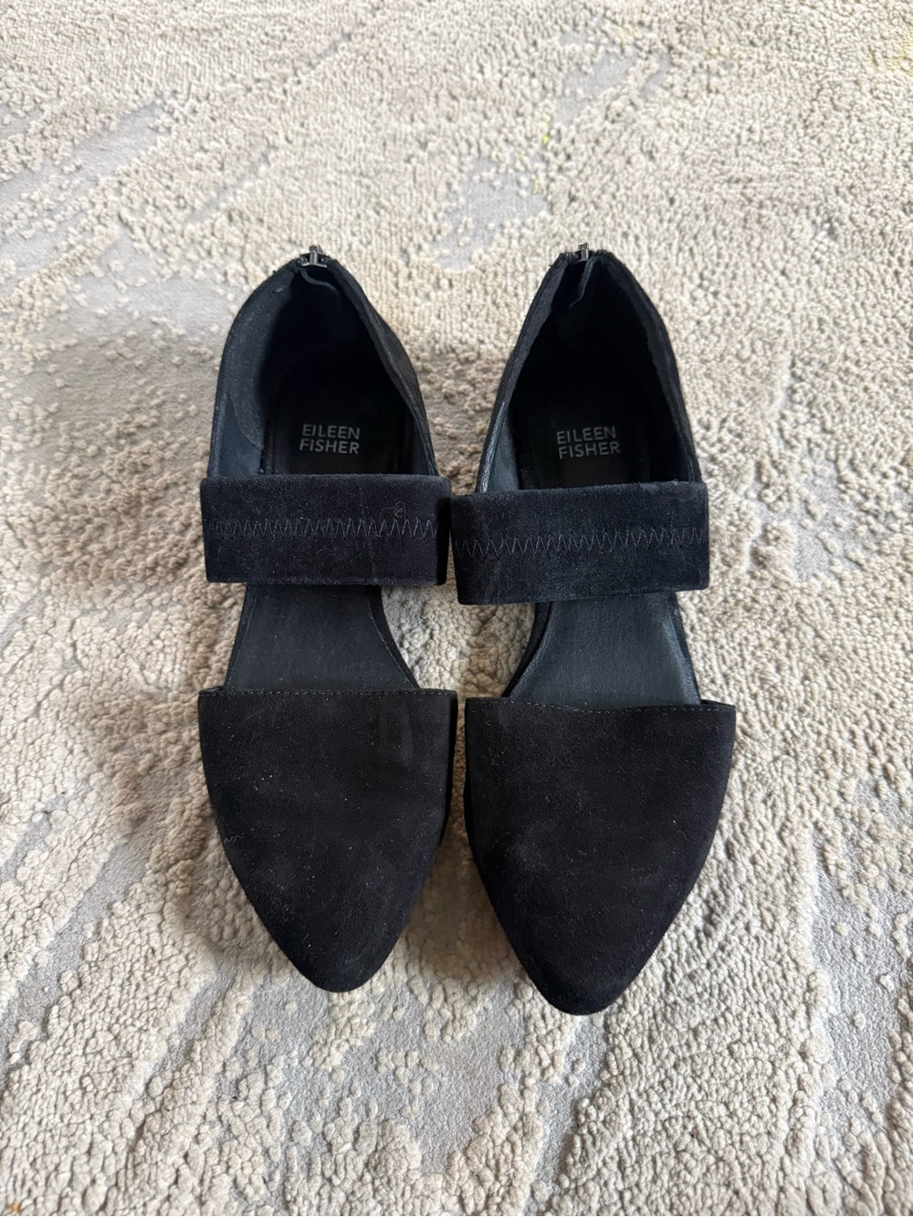 Eileen Fisher flats Black Suede Pointed Toe Mary Jane stretch strap slip on 7.5